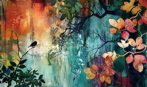 Abstract mixed media artwork featuring a bird on branches with colorful leaves, vibrant teal, and
