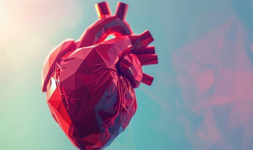 Low poly style illustration of a human heart on blue background AI generated