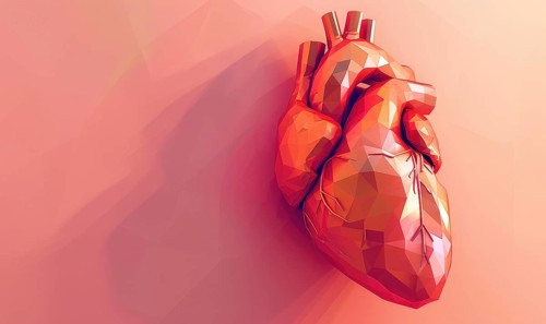 Low poly style illustration of a human heart on pink background AI generated