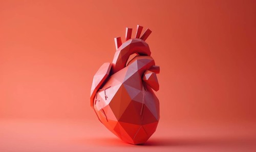 Low poly style illustration of a human heart on pink background AI generated