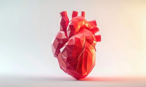 Low poly style illustration of a human heart on pink background AI generated