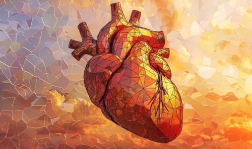 Low poly style illustration of a human heart, mosaic-like appearance AI generated