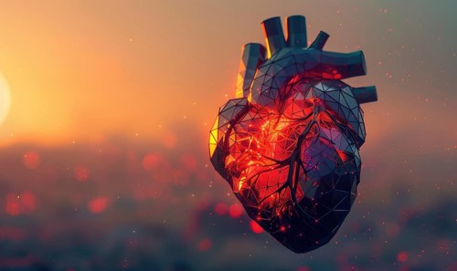 Low poly style illustration of a human heart, mosaic-like appearance AI generated