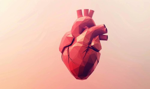 Low poly style illustration of a human heart on pink background AI generated