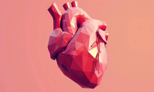 Low poly style illustration of a human heart on pink background AI generated
