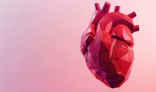 Low poly style illustration of a human heart on pink background AI generated