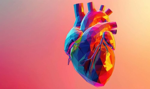 Low poly style illustration of a human heart on pink background AI generated