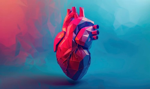 Low poly style illustration of a human heart on blue background AI generated