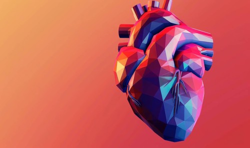 Low poly style illustration of a human heart on red background AI generated