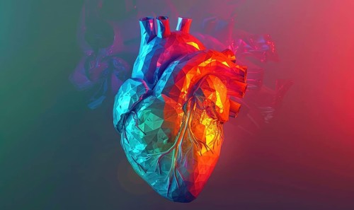 Low poly style illustration of a human heart on red background AI generated