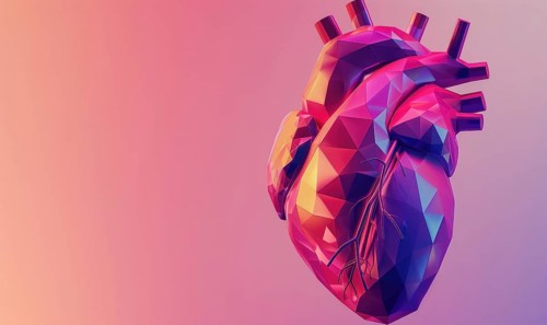 Low poly style illustration of a human heart on red background AI generated