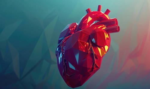 Low-poly geometric red heart set against a blue and red gradient background AI generated