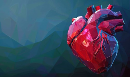 A polygonal heart with red, blue, and green colors displayed in an abstract, low poly digital art