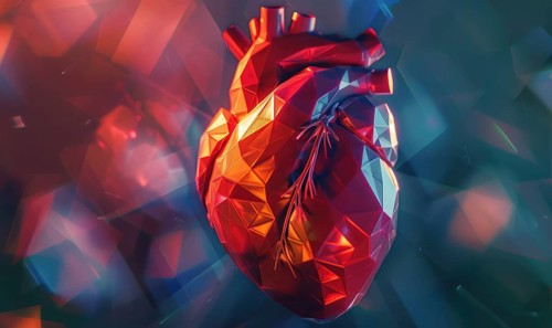 A vivid polygonal heart with red, orange, and blue hues in a low poly, abstract digital art style