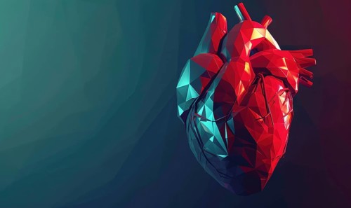 A stylized polygonal heart in red, blue, and green, presented in a low poly, abstract digital art
