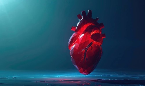 A heart made of paper is on a blue background. The heart is red and has a broken appearance AI