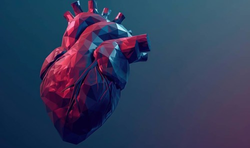 Low poly digital heart with red and blue colors on a gradient background AI generated