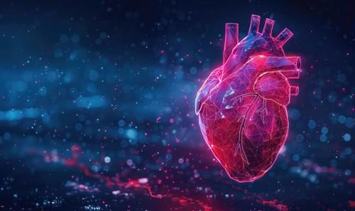 Neon digital heart with red glow, polygonal design, and particles on a dark blue background AI