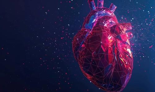 Polygonal digital heart with red and blue hues on a dark background with scattered particles AI