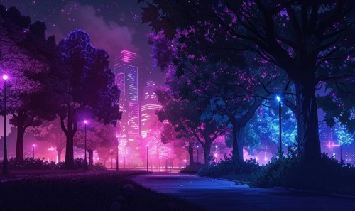 A cityscape with neon lights and trees in the background AI generated