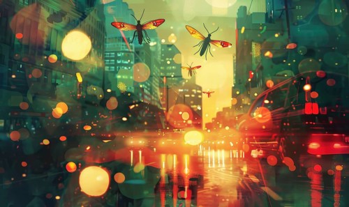 Surreal cityscape at night with glowing fireflies and vibrant lights reflecting on the wet street