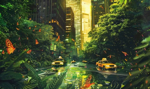 Vibrant urban jungle scene with yellow taxis, butterflies, and lush greenery amidst skyscrapers AI