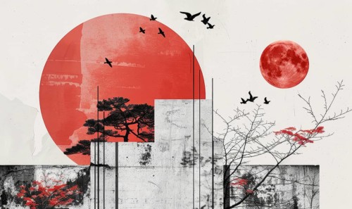 A painting of a red moon and a large red circle with birds flying around it AI generated