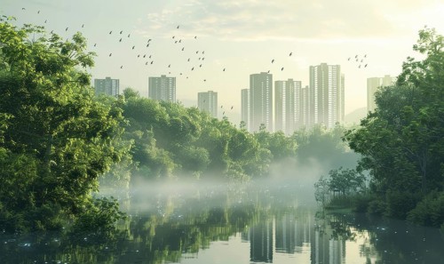 A city skyline is reflected in a river. The sky is cloudy and the birds are flying in the