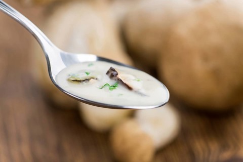 Portion of fresh Porcini Soup close-up shot, selective focus