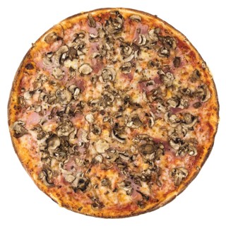 Fresh made ham and mushroom Pizza isolated on white background