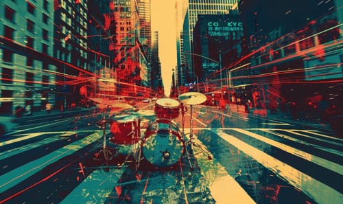 A city street with a drum set on the ground. The drums are red and black. The image has a vibrant