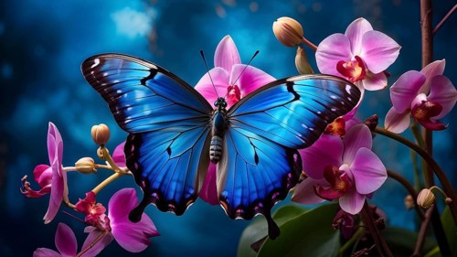 Vibrant blue morpho butterfly outstretched over a cluster of blooming orchids, AI generated