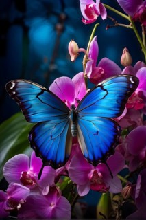 Vibrant blue morpho butterfly outstretched over a cluster of blooming orchids, AI generated