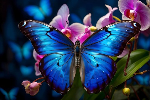 Vibrant blue morpho butterfly outstretched over a cluster of blooming orchids, AI generated