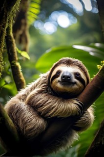 Sloth lounging in lush jungle treetop AI generated