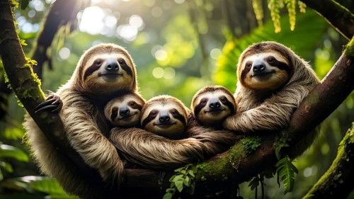 Sloth family lounging in jungle treetops, AI generated