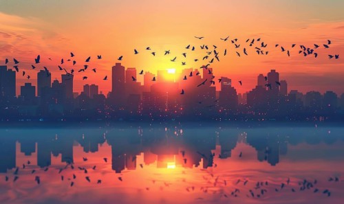 Cityscape at sunset with birds flying and their reflections in the calm water below AI generated