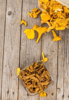 Canned chanterelles on a vintage background as detailed close-up shot, selective focus