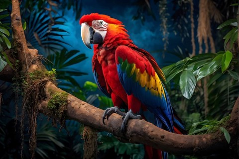 Scarlet macaw sitting on a tree branch against green jungle canvas, AI generated
