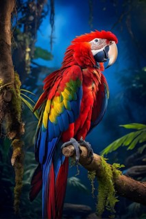 Scarlet macaw sitting on a tree branch against green jungle canvas, AI generated