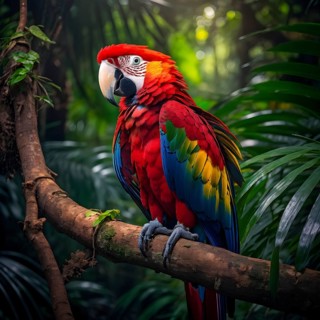 Scarlet macaw sitting on a tree branch against green jungle canvas, AI generated