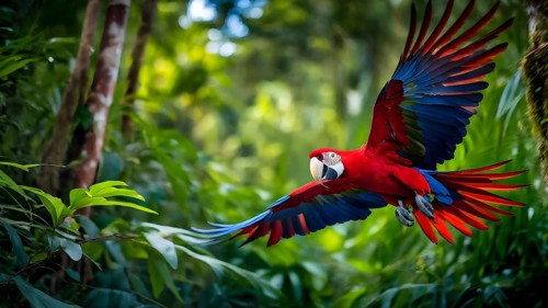 Scarlet macaw in mid flight against green jungle canvas, AI generated