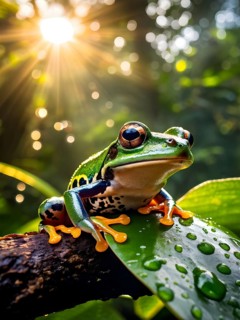 Red eyed tree frog lounging atop a tropical leaf, AI generated