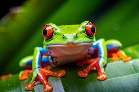 Red eyed tree frog lounging atop a tropical leaf, AI generated