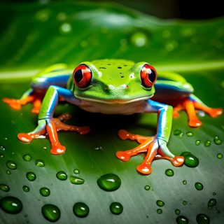 Red eyed tree frog lounging atop a tropical leaf, AI generated