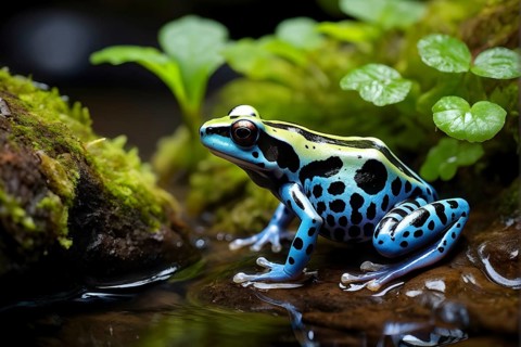 Poison dart frog adorned in bright vivid hues sitting near a moss covered rock, AI generated