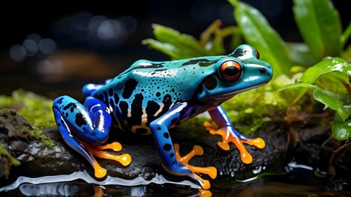 Poison dart frog adorned in bright vivid hues sitting near a moss covered rock, AI generated