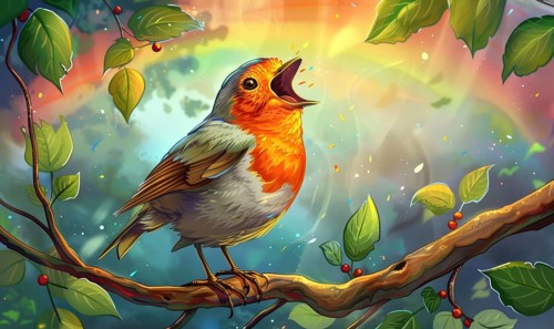 A bird perched on tree branches singing with green leaves and a colorful background featuring a