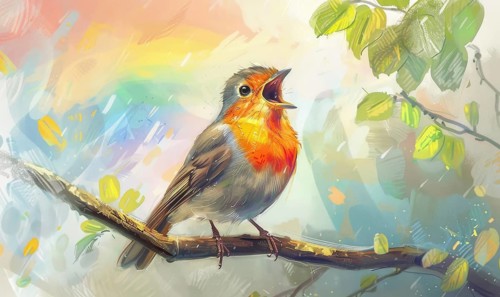 A bird singing on a tree branch with a colorful and lively background in an artistic style AI