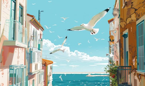 Three seagulls flying over a city street. The sky is blue and the water is calm AI generated